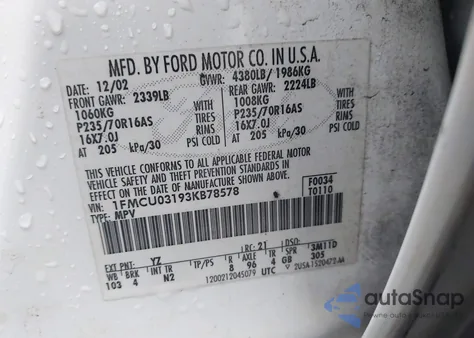 2003 Ford Escape Xlt from USA, damaged, VIN 1FMCU03193KB78578